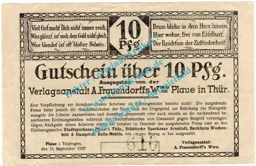 Plaue , Notgeld 10 Pfennig Schein in gbr. Tieste 5650.05.01 , Thüringen 1920 Verkehrsausgabe