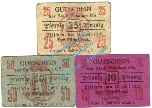 Pitschen , Notgeld Set mit 3 Scheinen in gbr. Tieste 5625.05.10-12 , Schlesien 1919 Verkehrsausgabe