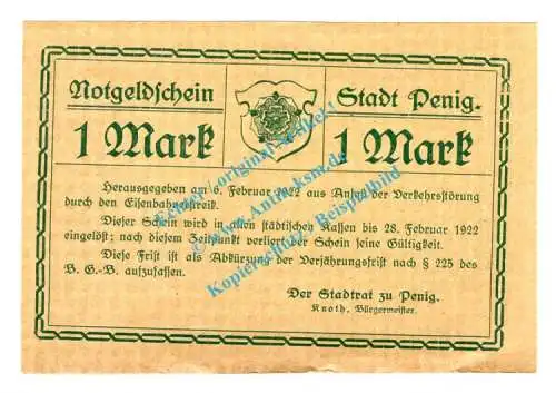 Penig , Notgeld 1 Mark Schein in gbr. Tieste 5550.05.01 , Sachsen 1922 Verkehrsausgabe