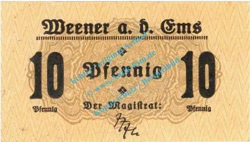 Weener , Notgeld 10 Pfennig Schein in kfr. Tieste 7740.05.01 , Niedersachsen 1920 Verkehrsausgabe