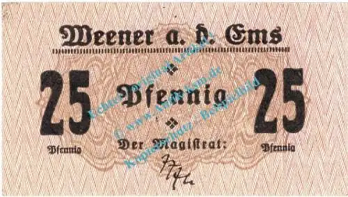 Weener , Notgeld 25 Pfennig Schein in kfr. Tieste 7740.05.02 , Niedersachsen 1920 Verkehrsausgabe
