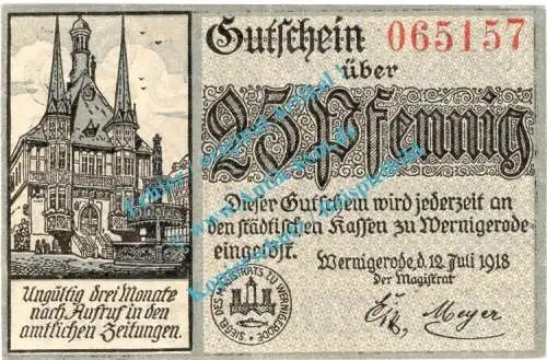Wernigerode , Notgeld 25 Pfennig Schein in kfr. Tieste 7835.05.05 , Sachsen Anhalt 1918 Verkehrsausgabe