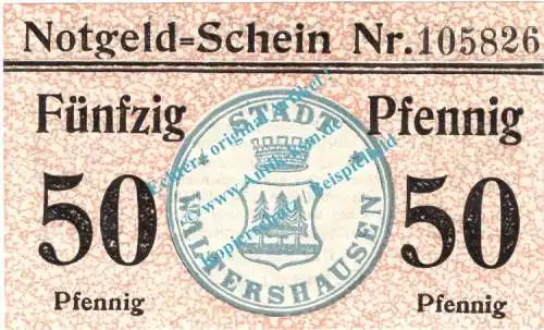 Waltershausen , Notgeld 50 Pfennig Schein in kfr. Tieste 7685.110.15 , Thüringen o.D. Verkehrsausgabe