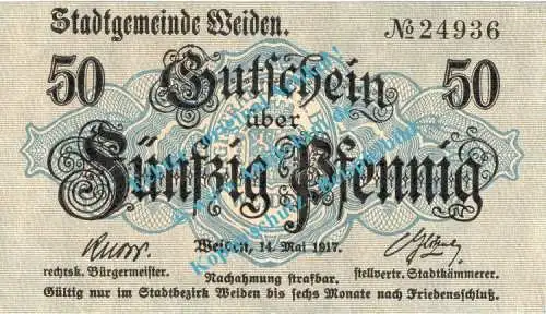 Weiden , Notgeld 50 Pfennig Schein in kfr. Tieste 7760.05.01 , Bayern 1917 Verkehrsausgabe