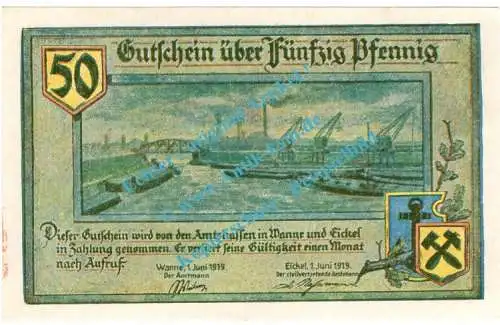 Wanne-Eickel , Notgeld 50 Pfennig Schein in kfr. Tieste 7705.05.10 , Westfalen 1918 Verkehrsausgabe