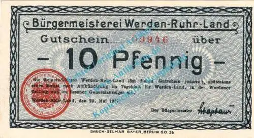 Werden , Notgeld 10 Pfennig Schein in kfr. Tieste 7825.05.01 , Rheinland 1917 Verkehrsausgabe