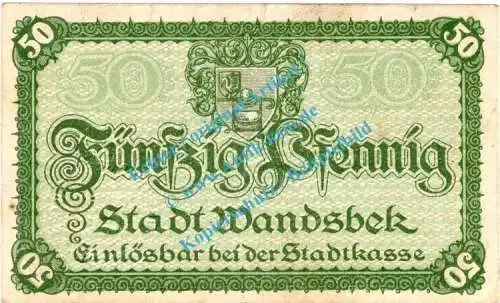 Wandsbek , Notgeld 50 Pfennig Schein in gbr. Tieste 7695.10.05 , Schleswig Holstein 1918 Verkehrsausgabe