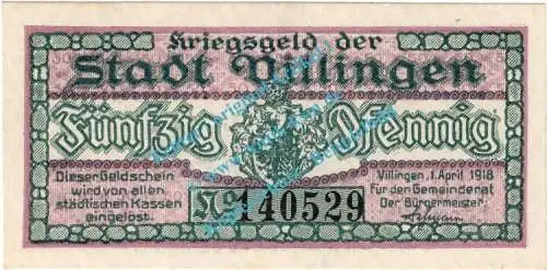 Villingen , Notgeld 50 Pfennig Schein in kfr. Tieste 7600.05.05 , Baden 1918 Verkehrsausgabe