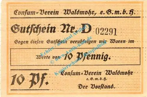 Waldmohr , Notgeld 10 Pfennig Schein in kfr. Tieste 7665.05.01 , Pfalz o.D. Verkehrsausgabe