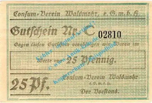 Waldmohr , Notgeld 25 Pfennig Schein in kfr. Tieste 7665.05.02 , Pfalz o.D. Verkehrsausgabe