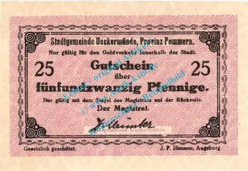 Ueckermünde , Notgeld 25 Pfennig Schein in kfr. Tieste 7500.05.25 , Pommern o.D. Verkehrsausgabe