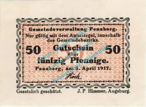 Penzberg , Notgeld 50 Pfennig Schein in kfr. Tieste 5560.05.12 , Bayern 1917 Verkehrsausgabe