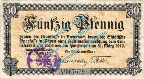 Andernach , Notgeld 50 Pfennig Schein in gbr. Tieste 0125.05.01 , Rheinland 1917 Verkehrsausgabe
