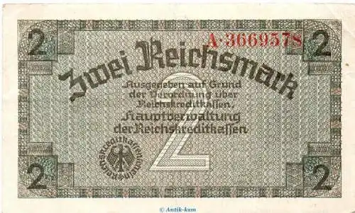 Reichsbanknote , 2 Mark Schein in gbr. ZWK-3.a, Ros.552, P.137 o.D. drittes Reich - Reichskreditkassen