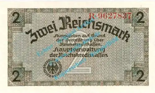 Banknote , 2 Mark Schein in kfr. ZWK-3, Ros.552, R.137 , deutsche Besatzungsausgabe WW2