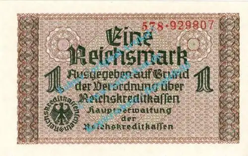 Banknote , 1 Mark Schein -o.Stpl- in kfr. ZWK.2.b, Ros.551, R.136 , Reichskreditkasse 1939 WWII