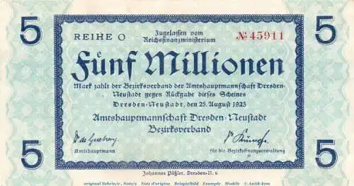 Banknote Dresden Neustadt , 5 Millionen Mark Schein in kfr. Keller 1121... von 1923 , Sachsen Inflation