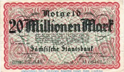 Banknote Sächs. Staatsbank Dresden , 20 Millionen Mark Schein in gbr. Keller 1109.b von 1923 , Sachsen Inflation