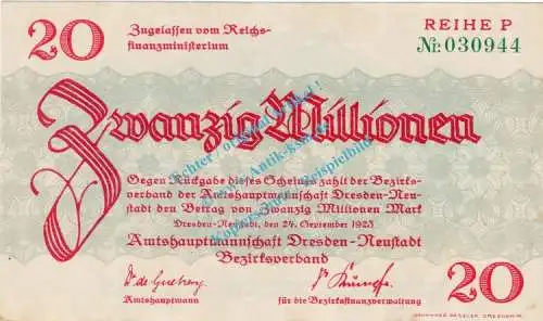Dresden , Notgeld 20 Millionen Mark Schein in L-gbr. Bühn 1310.12.b , Sachsen 1923 Inflation