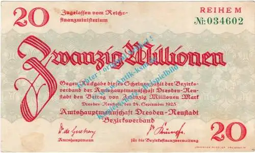 Dresden , Notgeld 20 Millionen Mark Schein in gbr. Bühn 1310.12 , Sachsen 1923 Inflation