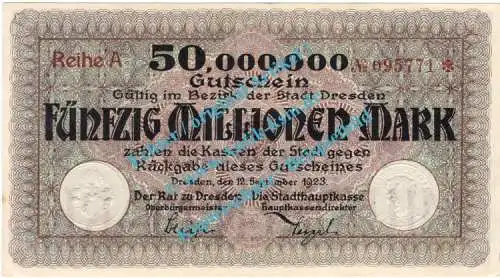 Dresden , Notgeld 50 Millionen Mark Schein in kfr. Bühn 1130.17 , Sachsen 1923 Inflation