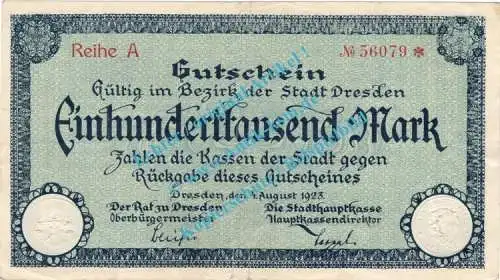 Dresden , Notgeld 100.000 Mark Schein in gbr. Bühn 1130.11 , Sachsen 1923 Inflation