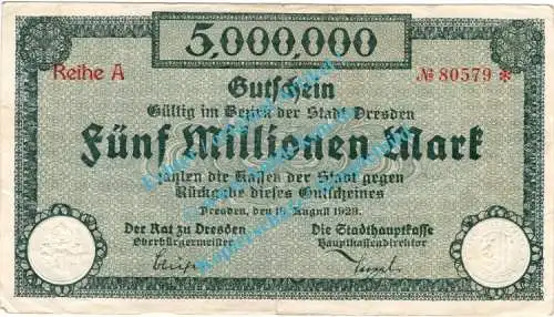 Dresden , Notgeld 5 Millionen Mark Schein in gbr. Bühn 1130.14 , Sachsen 1923 Inflation