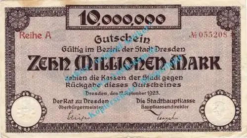 Dresden , Notgeld 10 Millionen Mark Schein in gbr. Bühn 1130.16 , Sachsen 1923 Inflation