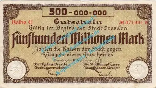 Dresden , Notgeld 500 Millionen Mark Schein in gbr. Bühn 1130.18 , Sachsen 1923 Inflation