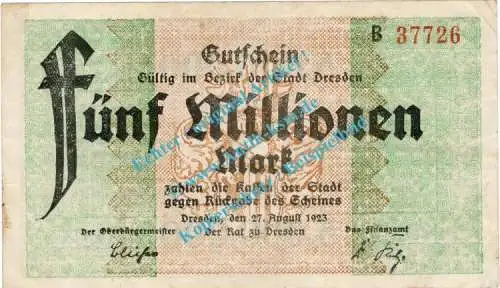 Dresden , Notgeld 5 Millionen Mark Schein in gbr. Bühn 1130.15 , Sachsen 1923 Inflation