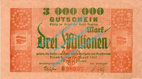 Dresden , Notgeld 3 Millionen Mark Schein in L-gbr. Bühn 1130.13 , Sachsen 1923 Inflation
