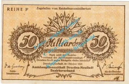 Dresden , Notgeld 50 Milliarden -MUSTER- Schein in kfr. Bühn 1310... Sachsen 1923 Inflation