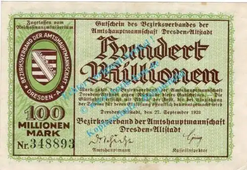 Dresden , Notgeld 100 Millionen Mark Schein in gbr. Bühn 1240.12 , Sachsen 1923 Inflation