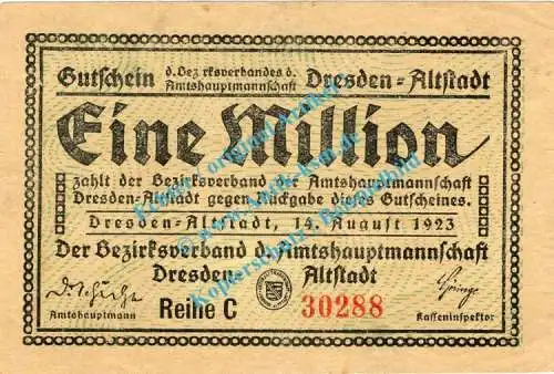 Dresden , Notgeld 1 Million Mark Schein in gbr. Bühn 1240.8-9 , Sachsen 1923 Inflation