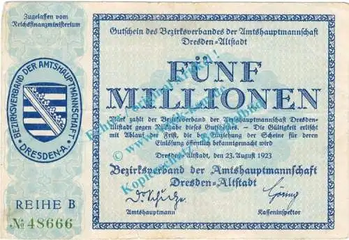 Dresden , Notgeld 5 Millionen Mark Schein in gbr. Bühn 1240.10 , Sachsen 1923 Inflation