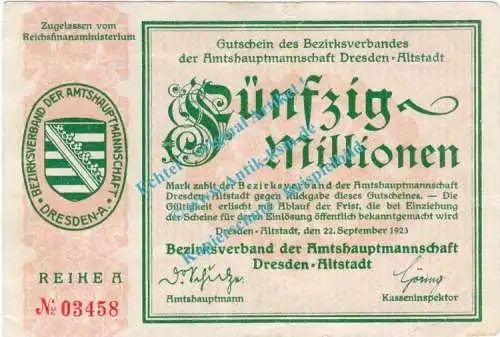 Dresden , Notgeld 50 Millionen Mark Schein in gbr. Bühn 1240.11 , Sachsen 1923 Inflation