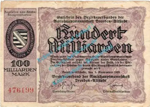 Dresden , Notgeld 100 Milliarden Mark Schein in gbr. Bühn 1240.16 , Sachsen 1923 Inflation