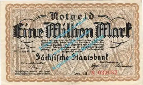 Dresden , Notgeld 1 Million Mark Schein in gbr. Keller 1109.b , Sachsen 1923 Inflation