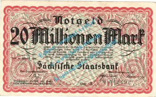 Dresden , Notgeld 20 Millionen Mark Schein in kfr. Keller 1109.b , Sachsen 1923 Inflation