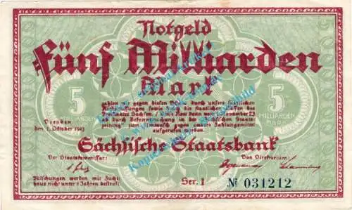 Dresden , Notgeld 5 Milliarden Mark Schein in gbr. Keller 1109.c , Sachsen 1923 Inflation