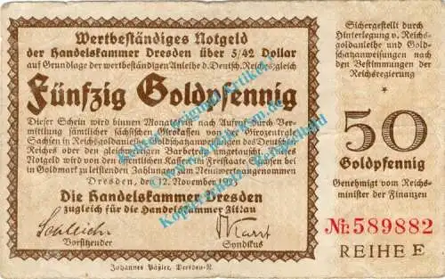Dresden , Notgeld 50 Gold Pfennig Schein in gbr. Bühn 1181.6 , Sachsen 1923 Wertbeständig