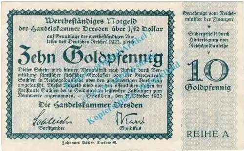 Dresden , Notgeld 10 Goldpfennig -MUSTER- Schein in L-gbr. Bühn 1181.1.d , Sachsen 1923 Wertbeständig