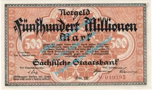 Dresden , Notgeld 500 Millionen Mark Schein in kfr. Keller 1109.c , Sachsen 1923 Inflation