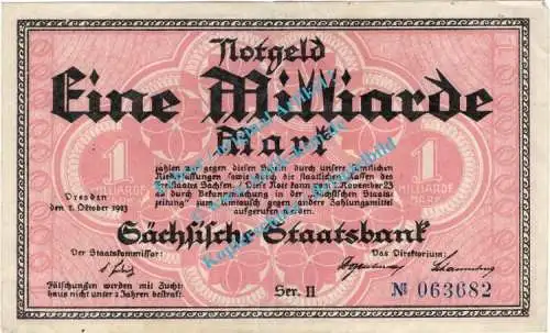 Dresden , Notgeld 1 Milliarde Mark Schein in gbr. Keller 1109.c , Sachsen 1923 Inflation