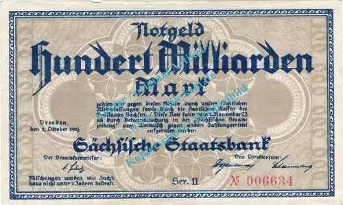 Dresden , Notgeld 100 Milliarden Mark Schein in gbr. Keller 1109... Sachsen 1923 Inflation