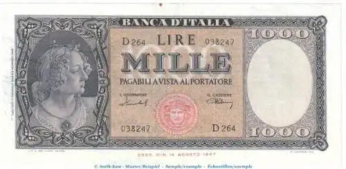 Banknote Italien , 1.000 Lire Schein B in kfr. P.88.b , 11.02.1949 , Bank of Italy