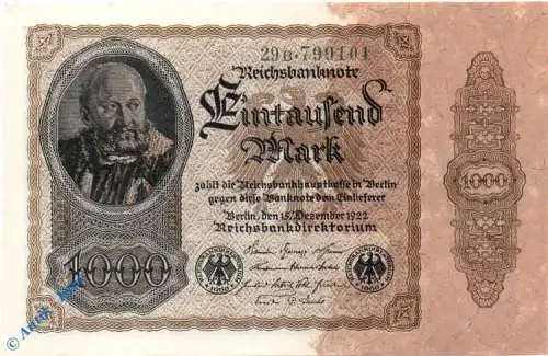 Reichsbanknote , 1000 Mark Schein , ohne Überdruck , DEU-92 c , Rosenberg 81 , P 82 , vom 15.12.1922 , Weimarer Republik