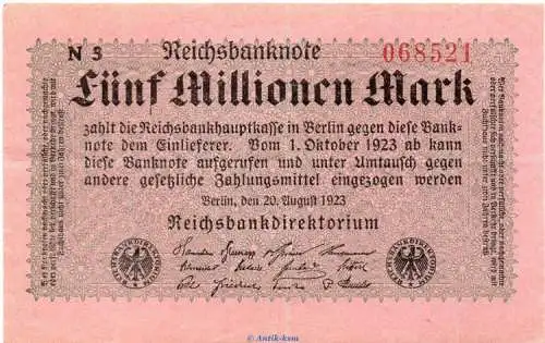 Reichsbanknote , 5 Millionen Mark Schein in gbr. DEU-117.c, Ros.104, P.105 , vom 20.08.1923 , Weimarer Republik - Inflation