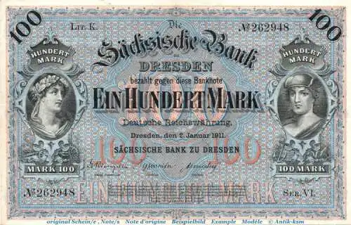 Länder Banknote , 100 Mark Schein in kfr , SAX-8.a, Ros.746, S.952.b , vom 02.01.1911 , Sachsen Länderbanknote
