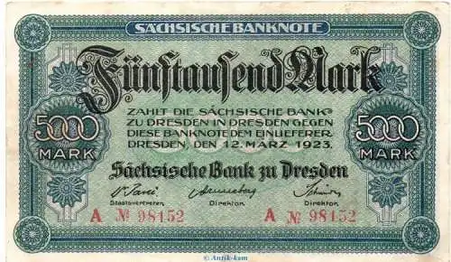 Reichsbanknote , 5.000 Mark Schein in gbr. SAX-14, Ros.752, S.957 , vom 12.03.1923 , Weimarer Republik - Länderbanknote Sachsen